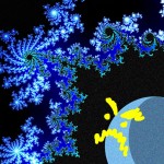 A planet displays a cartoon yellow frowny-face at a blue fractal nebula.