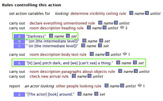 view of "look" in the index, displaying the default darkness messages